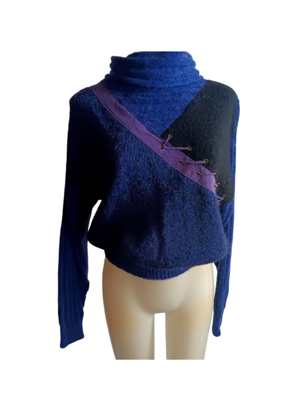 True Vintage Large Sweater Mohair Turtleneck Purple Lace-Up Asymmetrical Italy